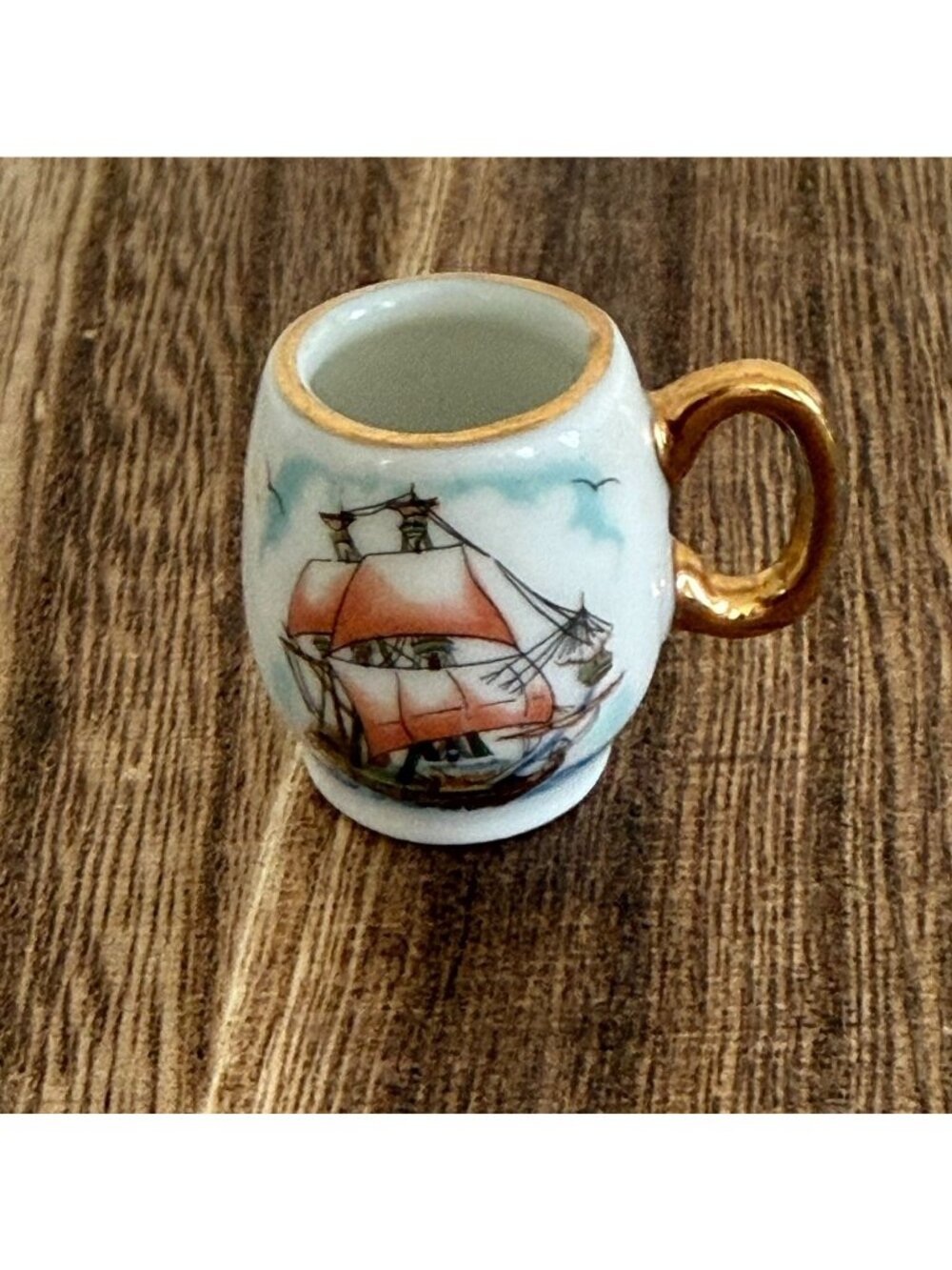 Vintage Miniature Porcelain Dollhouse Mug Ship Nautical Scene Gold Handle 1" Col